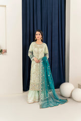 Cotton Karandi Net Shirt with Heavy Embroidery &amp; Stone Work, Organza Dupatta, and Katan Silk Gota Work Sharara - 3PC Suit