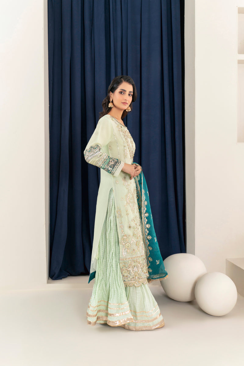 Cotton Karandi Net Shirt with Heavy Embroidery &amp; Stone Work, Organza Dupatta, and Katan Silk Gota Work Sharara - 3PC Suit