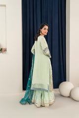 Cotton Karandi Net Shirt with Heavy Embroidery &amp; Stone Work, Organza Dupatta, and Katan Silk Gota Work Sharara - 3PC Suit