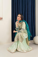 Cotton Karandi Net Shirt with Heavy Embroidery &amp; Stone Work, Organza Dupatta, and Katan Silk Gota Work Sharara - 3PC Suit