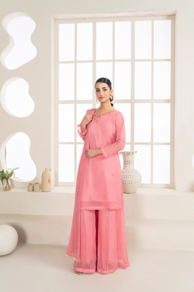 Organza Embroidered Shirt, Printed Dupatta, and Russian Grip Trousers - 3PC Suit