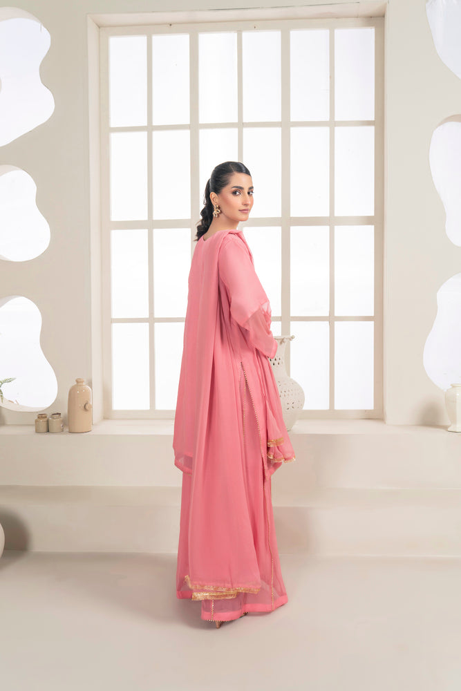 Organza Embroidered Shirt, Printed Dupatta, and Russian Grip Trousers - 3PC Suit