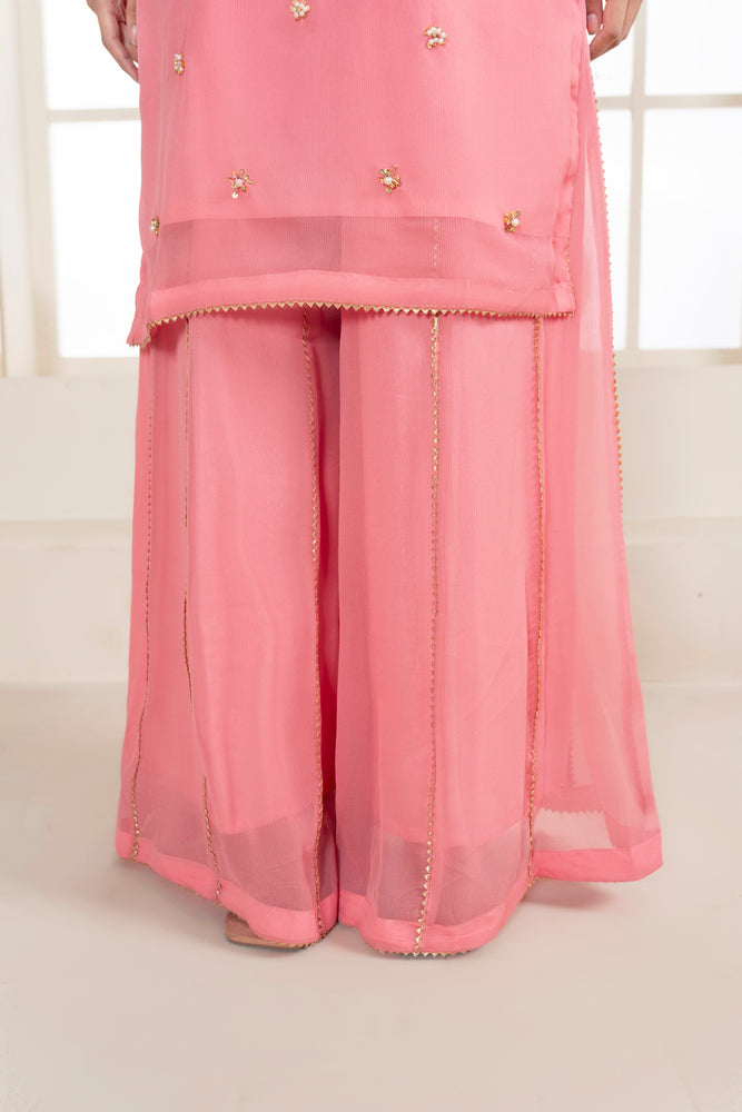 Organza Embroidered Shirt, Printed Dupatta, and Russian Grip Trousers - 3PC Suit