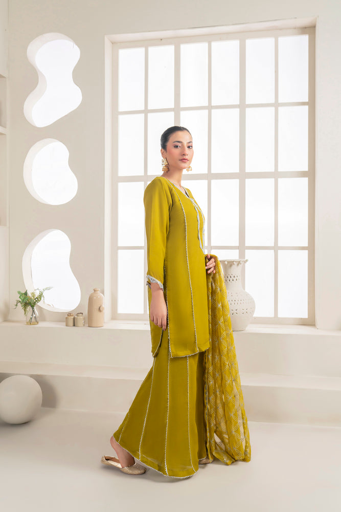 Chiffon Shirt with Fancy Lace Stitching, Embroidered Sharara, and Fully Embroidered Dupatta - 3PC Suit &nbsp;