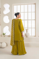 Chiffon Shirt with Fancy Lace Stitching, Embroidered Sharara, and Fully Embroidered Dupatta - 3PC Suit &nbsp;
