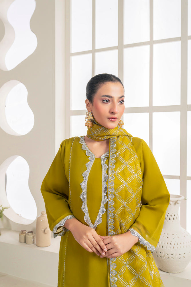 Chiffon Shirt with Fancy Lace Stitching, Embroidered Sharara, and Fully Embroidered Dupatta - 3PC Suit &nbsp;