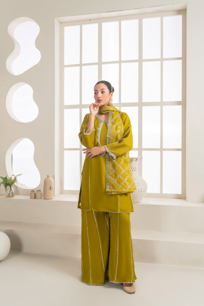 Chiffon Shirt with Fancy Lace Stitching, Embroidered Sharara, and Fully Embroidered Dupatta - 3PC Suit &nbsp;