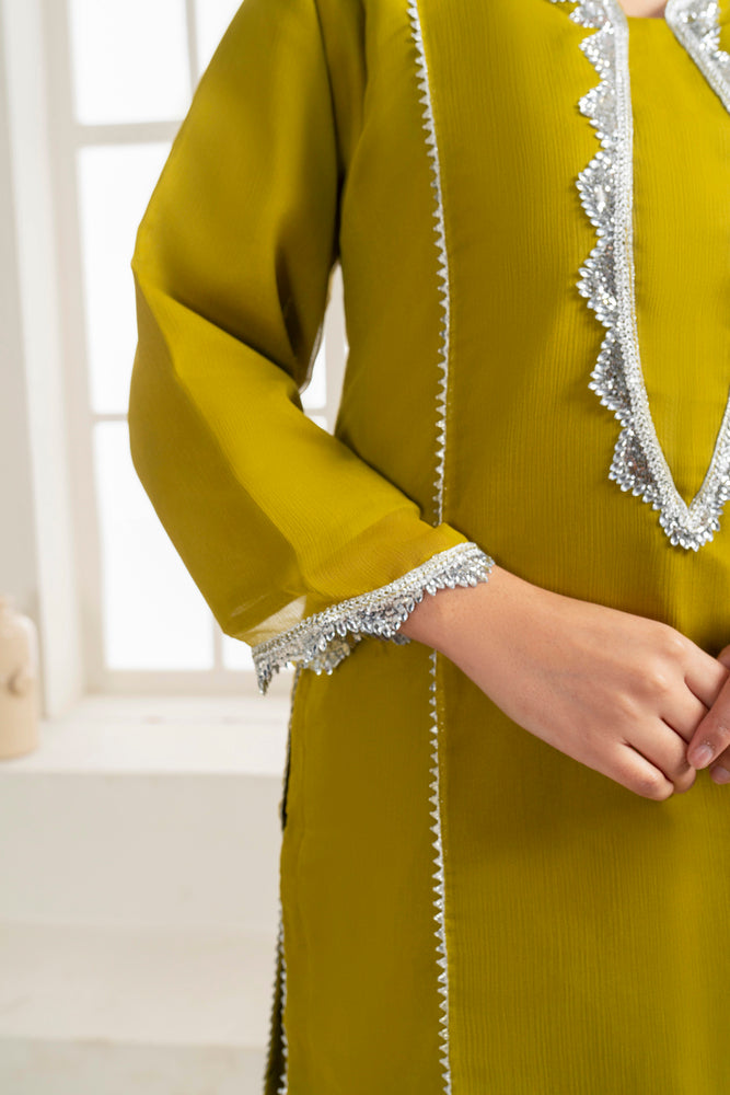 Chiffon Shirt with Fancy Lace Stitching, Embroidered Sharara, and Fully Embroidered Dupatta - 3PC Suit &nbsp;