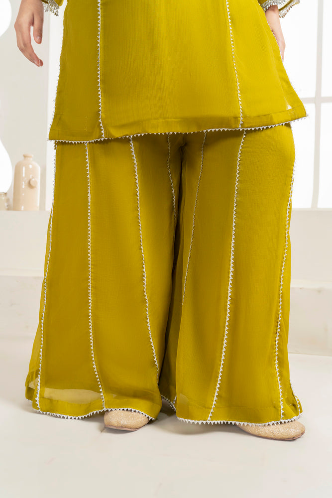 Chiffon Shirt with Fancy Lace Stitching, Embroidered Sharara, and Fully Embroidered Dupatta - 3PC Suit &nbsp;