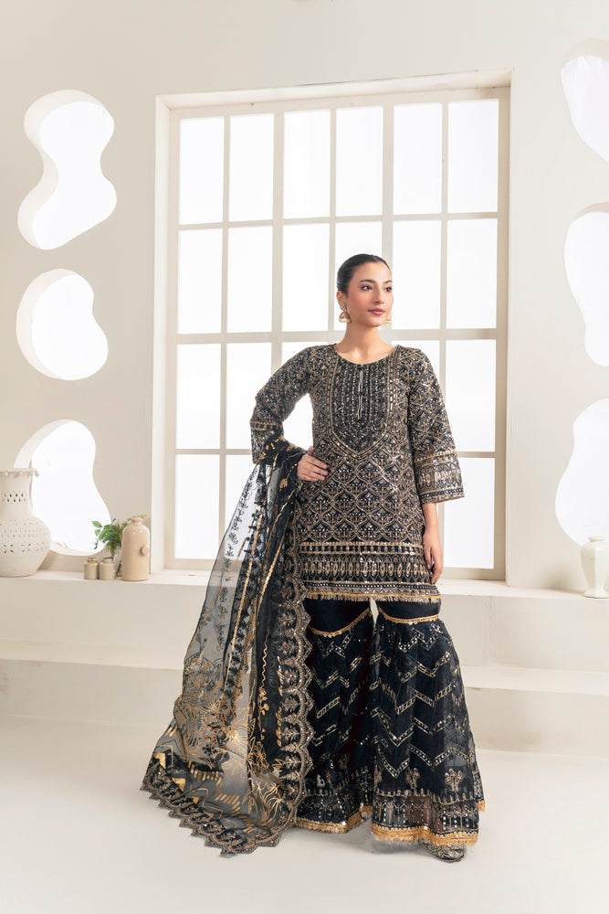 Heavy Embroidered Shirt with Embellished Neckline, Sharara, and Dupatta - 3PC Suit