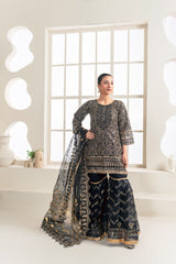 Heavy Embroidered Shirt with Embellished Neckline, Sharara, and Dupatta - 3PC Suit