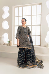 Heavy Embroidered Shirt with Embellished Neckline, Sharara, and Dupatta - 3PC Suit