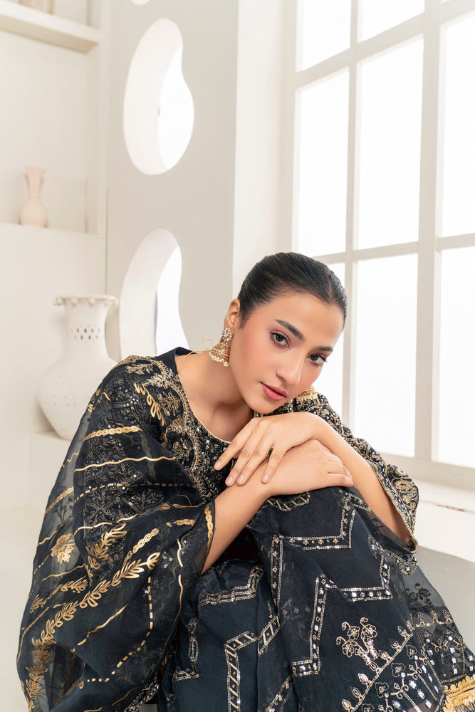Heavy Embroidered Shirt with Embellished Neckline, Sharara, and Dupatta - 3PC Suit
