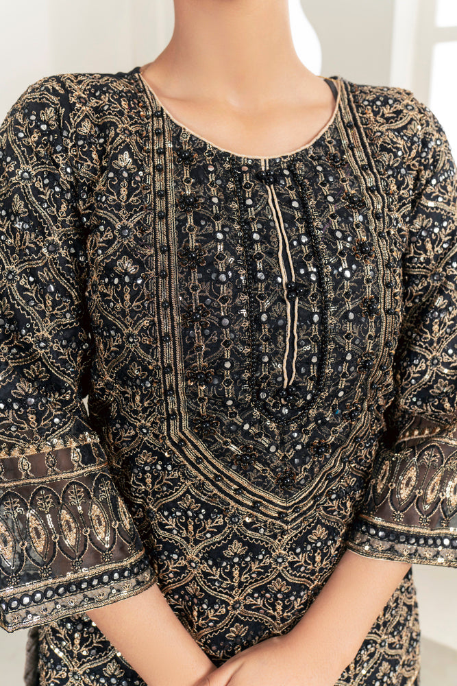 Heavy Embroidered Shirt with Embellished Neckline, Sharara, and Dupatta - 3PC Suit