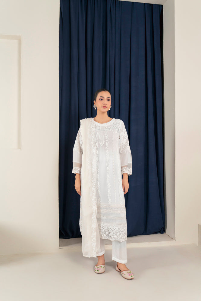 Chiffon Embroidered Shirt with Organza Embroidered Dupatta and Russian Grip Trousers - 3PC Suit