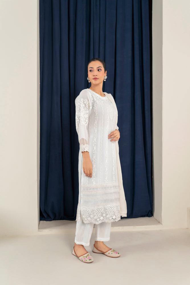 Chiffon Embroidered Shirt with Organza Embroidered Dupatta and Russian Grip Trousers - 3PC Suit