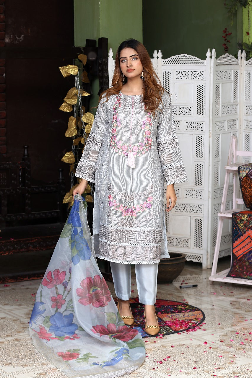 Curtain Net Dress with Embroidery Work, 3-Piece Set
