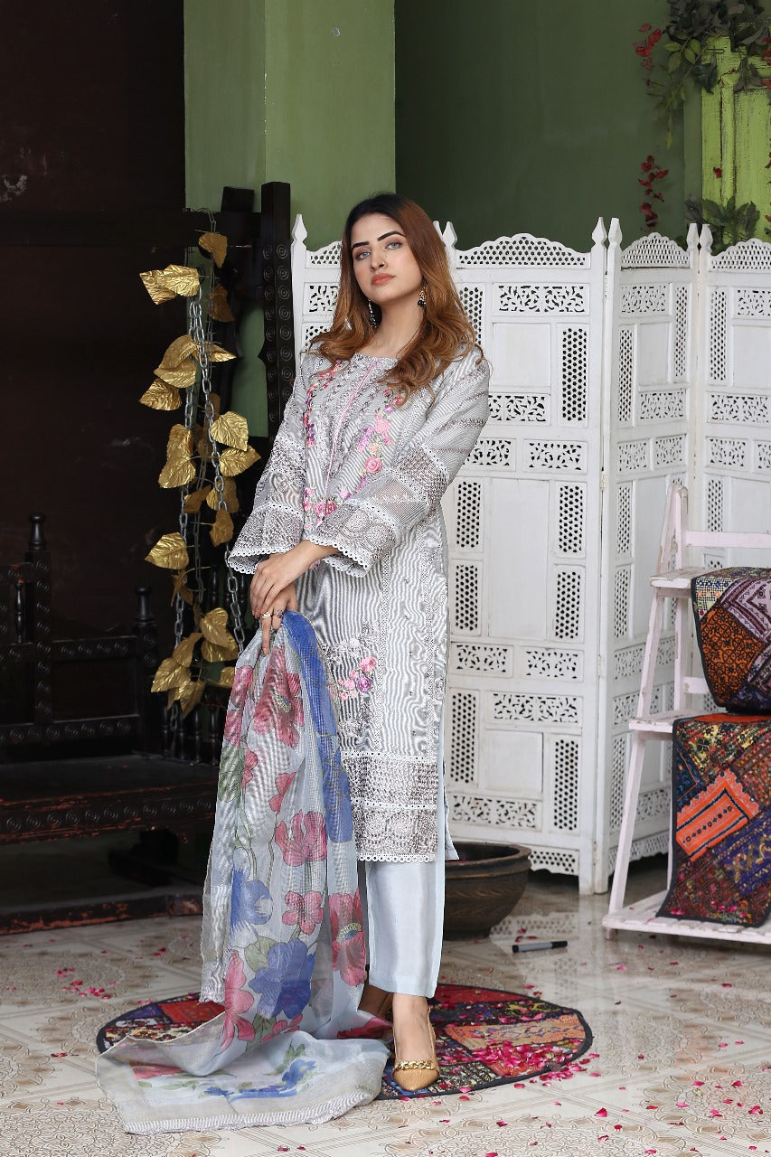 Curtain Net Dress with Embroidery Work, 3-Piece Set