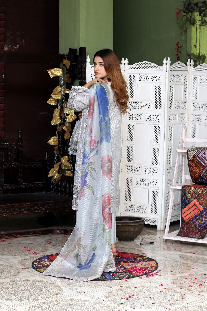 Curtain Net Dress with Embroidery Work, 3-Piece Set