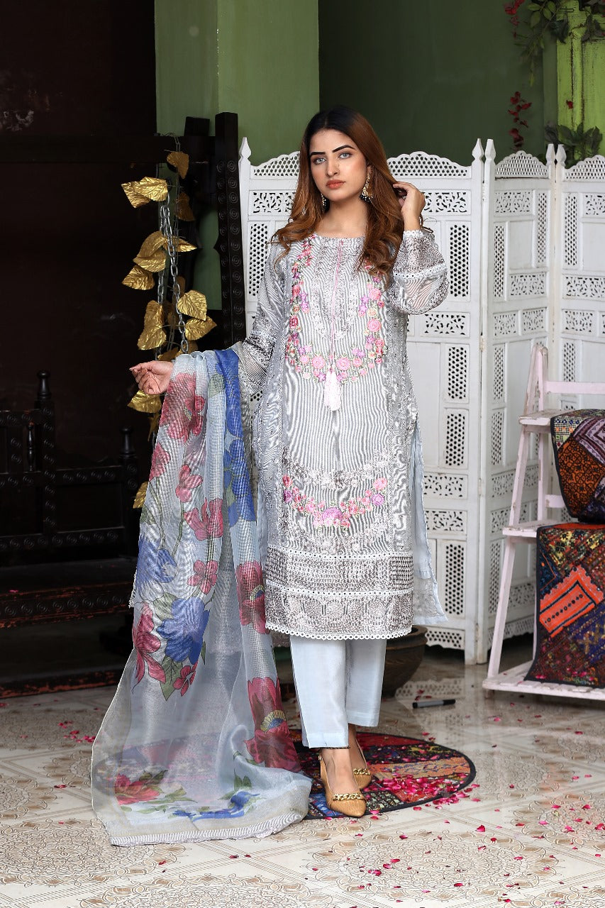 Curtain Net Dress with Embroidery Work, 3-Piece Set