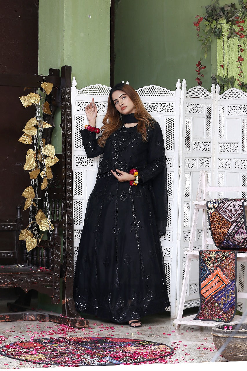 Maksi Frock with Stone Work 3-Piece Set in Black