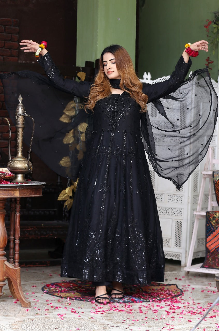 Maksi Frock with Stone Work 3-Piece Set in Black