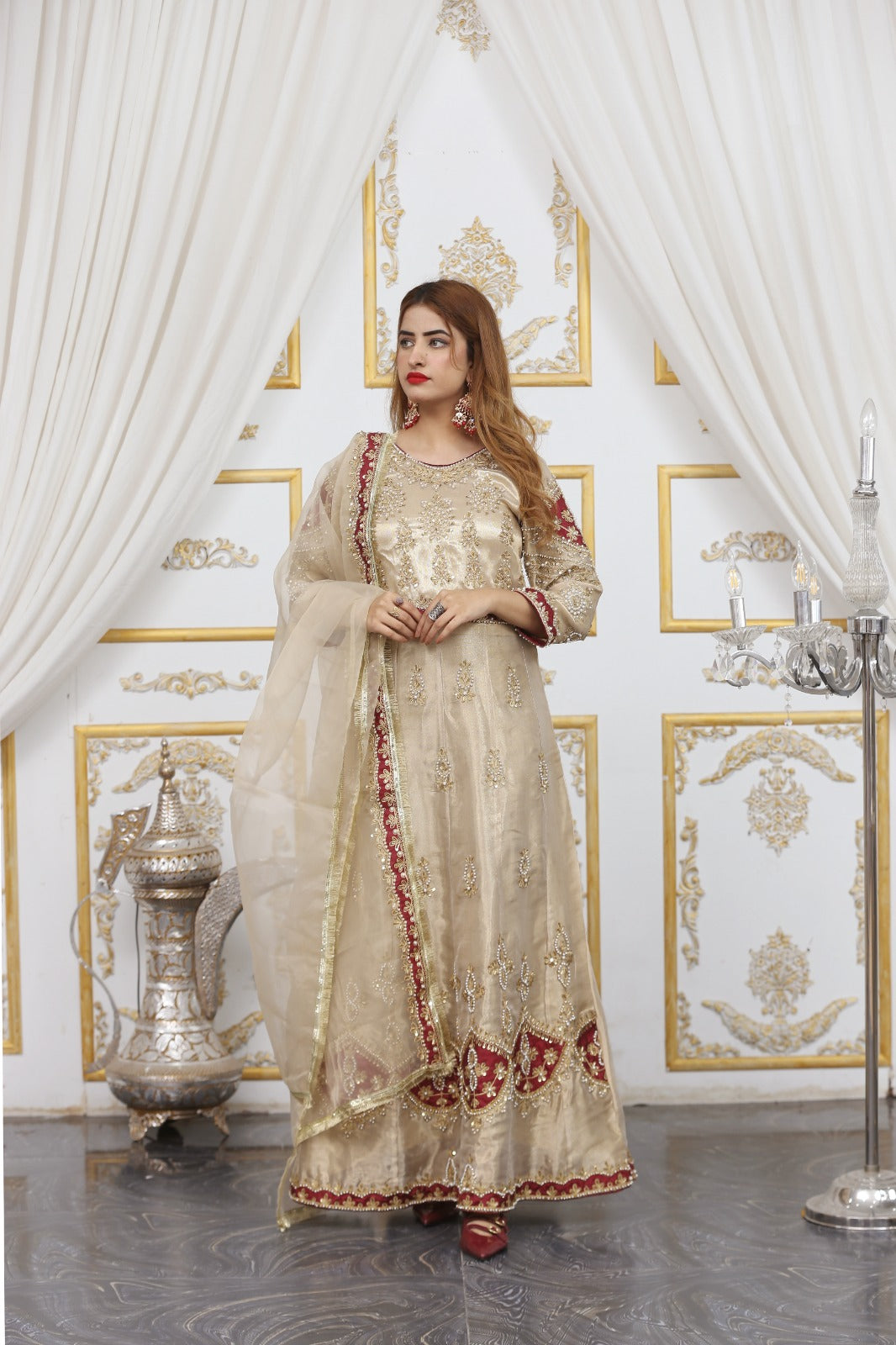 fabric Double zari masoori and organza dopata ۔Dori work and ston work bridal