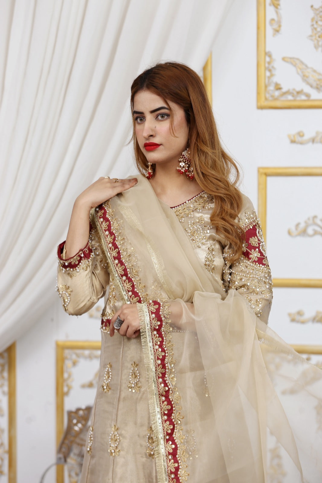 fabric Double zari masoori and organza dopata ۔Dori work and ston work bridal