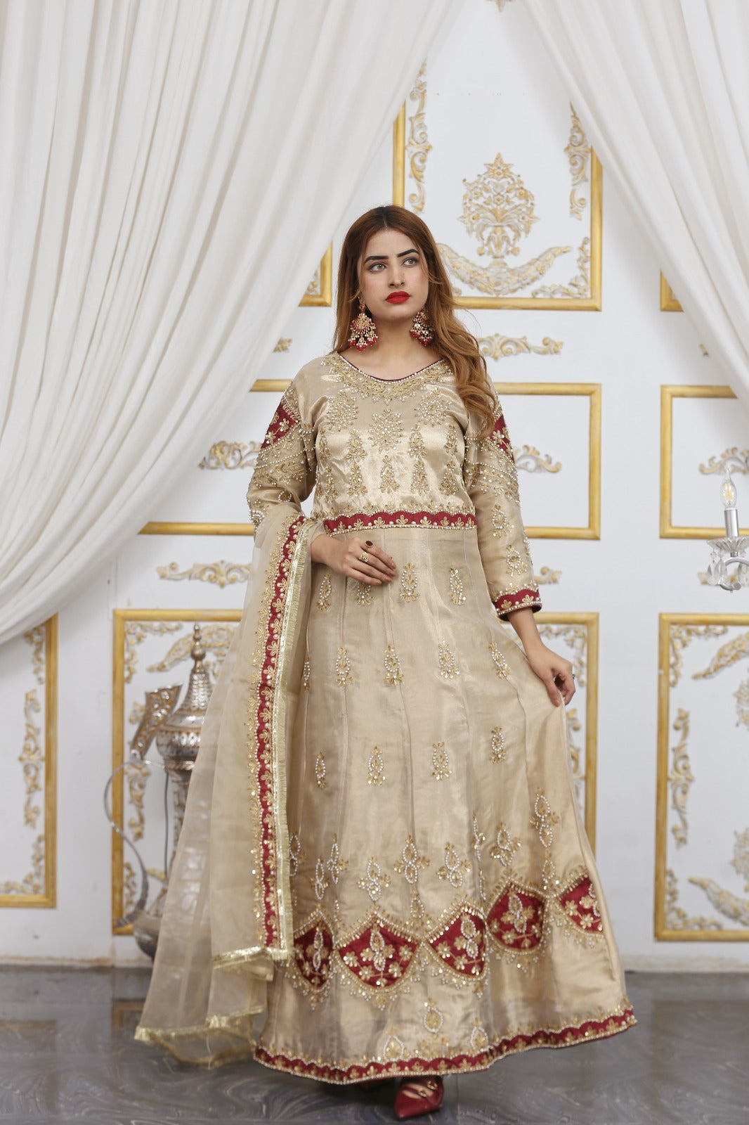 fabric Double zari masoori and organza dopata ۔Dori work and ston work bridal