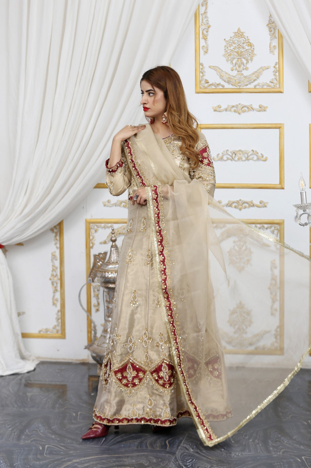 fabric Double zari masoori and organza dopata ۔Dori work and ston work bridal