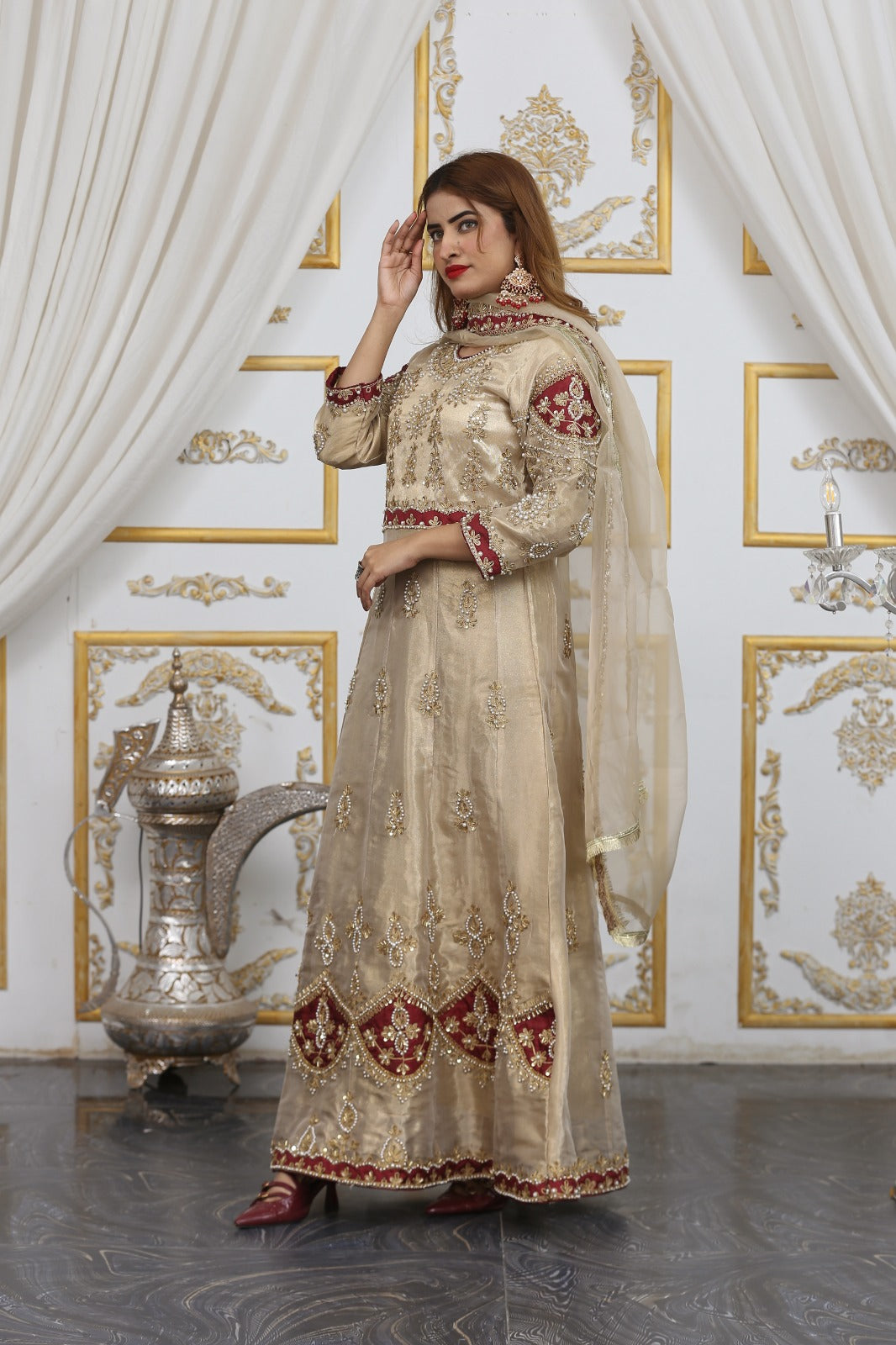 fabric Double zari masoori and organza dopata ۔Dori work and ston work bridal