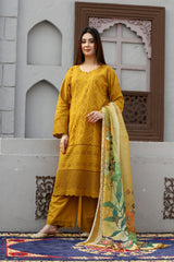 3-Piece Stitched Embroidered Suit with Milky Lace Detailing and Monar Print Dupatta