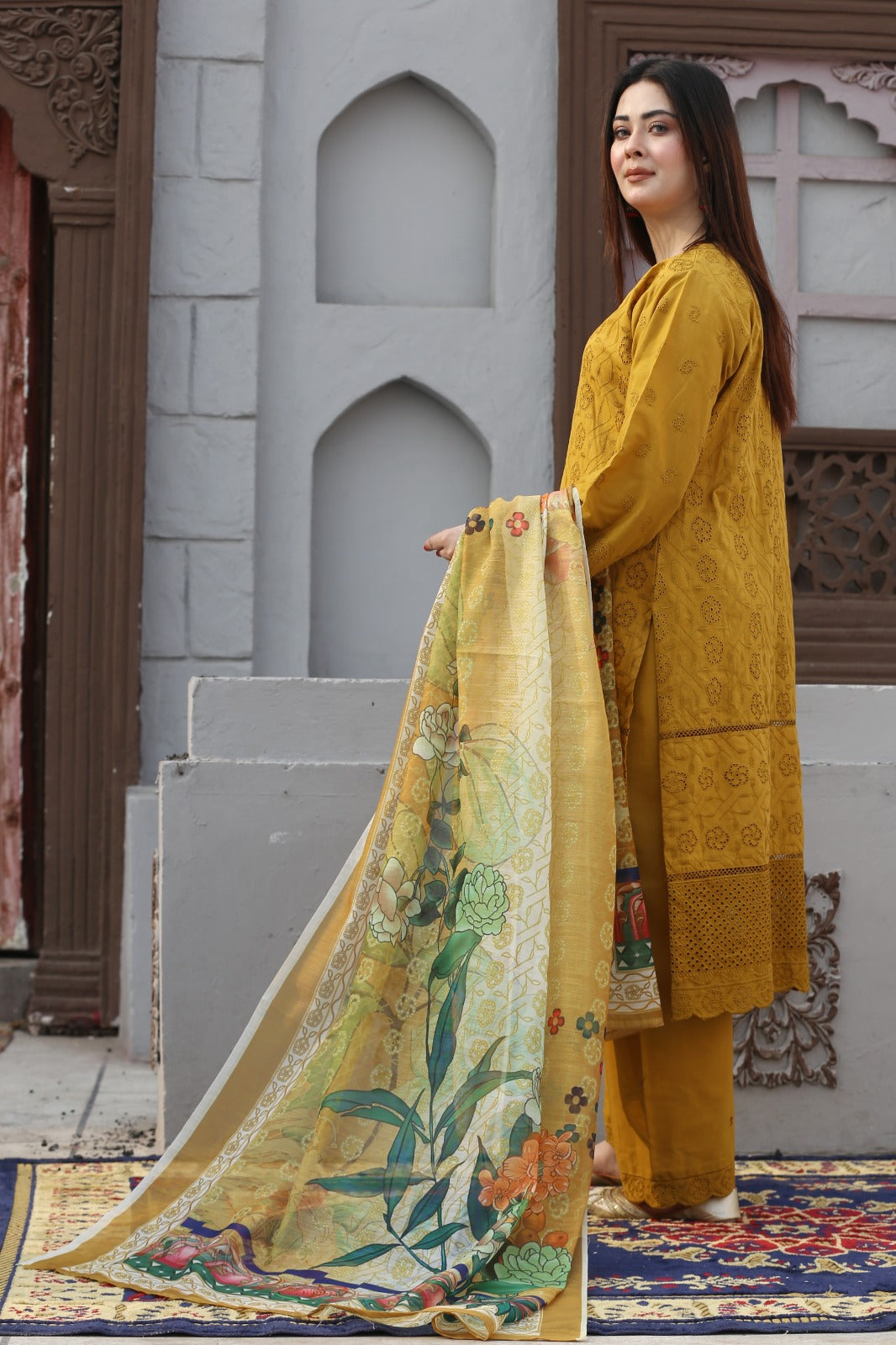 3-Piece Stitched Embroidered Suit with Milky Lace Detailing and Monar Print Dupatta